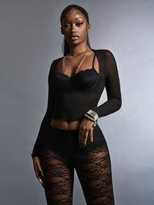 Amplova 2pcs Set Lace Lingerie & Mesh Sheer T-Shirt, Women Top - Black - View 4