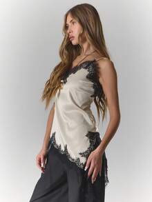 MUSERA Áo kiểu bất đối xứng bằng satin viền ren, dáng suông, gợi cảm, thích hợp đi chơi tối, hẹn hò, lễ hội Halloween, xuân hè, lễ Phục sinh, ngày lễ. - Rượu sâm banh - Xem 3