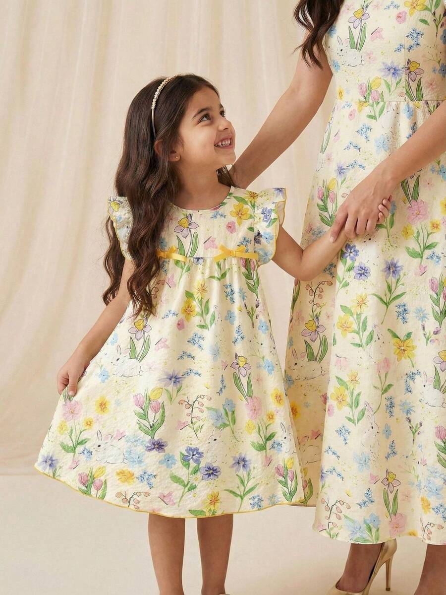 SHEIN Vintaside Kids 女童春夏新款连衣裙,梭织纹理面料,可爱兔子数码印花图案,正面蝴蝶结装饰,无袖修身A字圆领连衣裙,适合可爱、俏皮、淑女的休闲穿着,日常、上学、外出、度假、派对等场合皆宜。迷人的女童黄色碎花印花短款A字下摆复活节连衣裙,带有荷叶边细节。迷人的儿童圆领荷叶袖黄色涤纶连衣裙,可爱植物图案,宽松短款荷叶边下摆,适合春季穿着。优雅的派对连衣裙。 - 黃色 - 查看 1