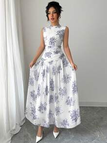 Modelyn 女士优雅印花褶皱腰部无袖休闲连衣裙 - 淺灰紫 - 查看 5