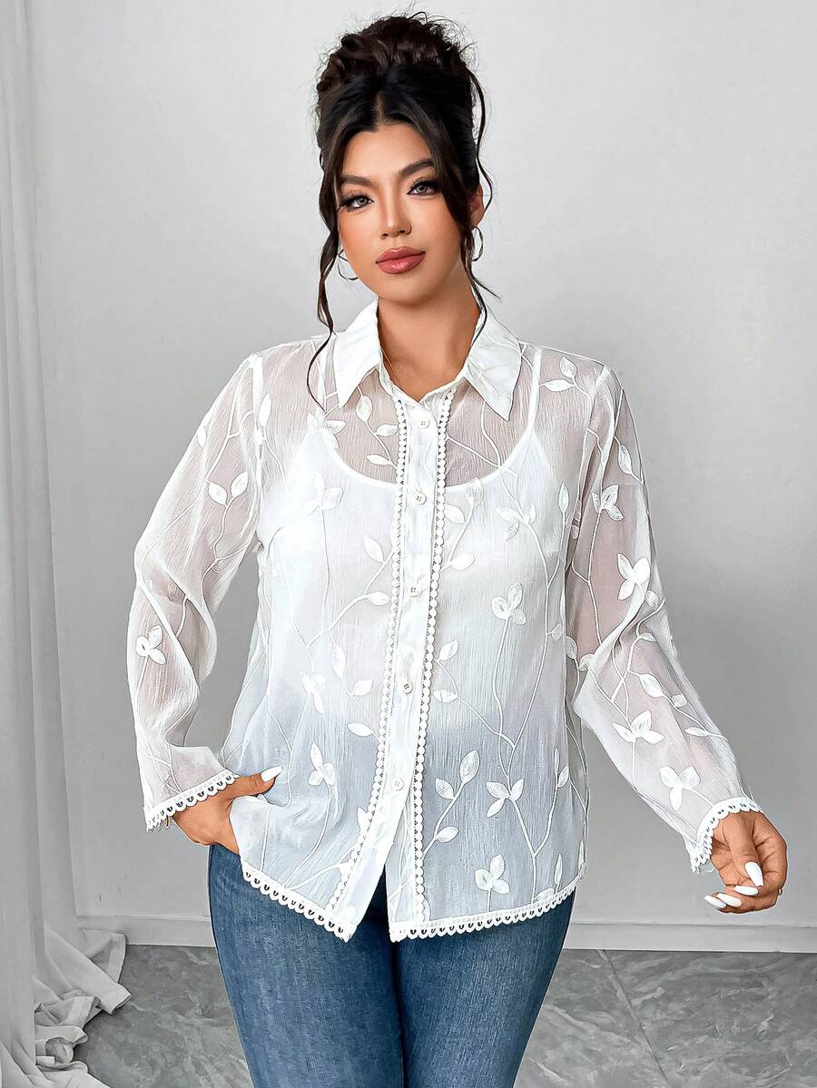 Elenzga 大码女式长袖衬衫，轻盈3D刺绣花卉蕾丝饰边，优雅休闲性感透视春夏百搭白色衬衫 - 杏色 - 查看 1