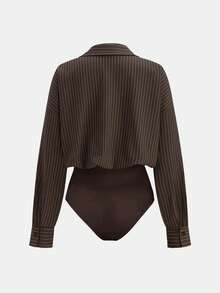 Airaco Women's Casual Everyday Commute Versatile Striped Print Drop Shoulder Loose Patchwork Pocket Bodysuit, Spring/Autumn - Brown - View 2