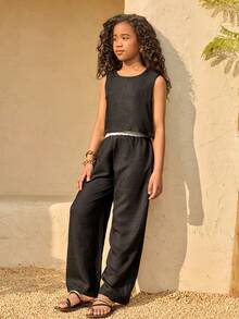 Tween Girls' Casual Vacation Style Relaxed Linen-Like Fabric Sleeveless Top & Wide Leg Pants Set, Black & White Contrast Waist Design, Suitable For Beach Travel And Everyday Wear - Black and White - View 1