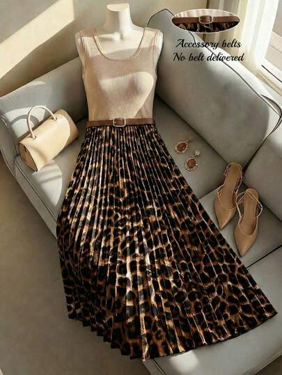 Franclia Beige Knitted Leopard Print Halter Maxi Dress. Pleated Skirt. Women's Suit; Women's Winter Clothing; New Year's Clothing; White New Year's Outfit; Party; Beach; Elegant; Casual; Women's Casual Wear; Romantic; Valentine's Day; Dating; Graduation Season Clothing; Fashionable Casual Commuting Wear; Business Office Wear; Versatile Fashionable Everyday Casual Wear; Urban Teacher's Professional Wear. Short-Sleeved Dress, Women's Fashionable Leopard Print Dress, Apricot Ribbed Dress, Party Fitted Dress, Casual Versatile Dress, Fashionable Commuting Dress, Valentine's Day Dress, Spring Dress, Women's Dress With Elegant And Slim Light Brown Leopard Print Pleated Maxi Skirt, Perfect For Office Or Commuting. Also Suitable For Women Who Like Leopard Print, Pleated Maxi Skirts, And Brown Leopard Print Casual Wear. Spring/Summer Women's Collection.