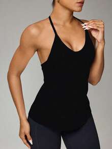 Seamluxe SHEIN Sport 女式纯色日常健身挂脖背心 - 黑色 - 查看 2