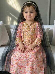 SHEIN 女嬰 Jalabiya Abaya 粉橘色秋季優雅生日兩件套，附網紗髮箍，阿拉伯傳統長袖碎花洋裝 - 黃色 - 查看 1