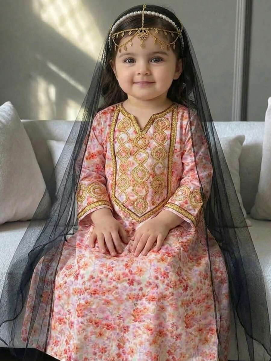 SHEIN 女嬰 Jalabiya Abaya 粉橘色秋季優雅生日兩件套，附網紗髮箍，阿拉伯傳統長袖碎花洋裝 - 黃色 - 查看 1