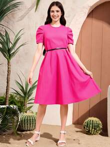 SHEIN 少女夏季短袖紋理圓領裙 - 玫紅色 - 查看 6