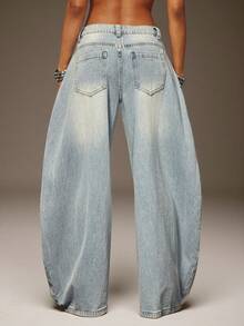 Denimoi Women's Casual Washed Low-Waist Flared Leg Jeans - Blue - View 4