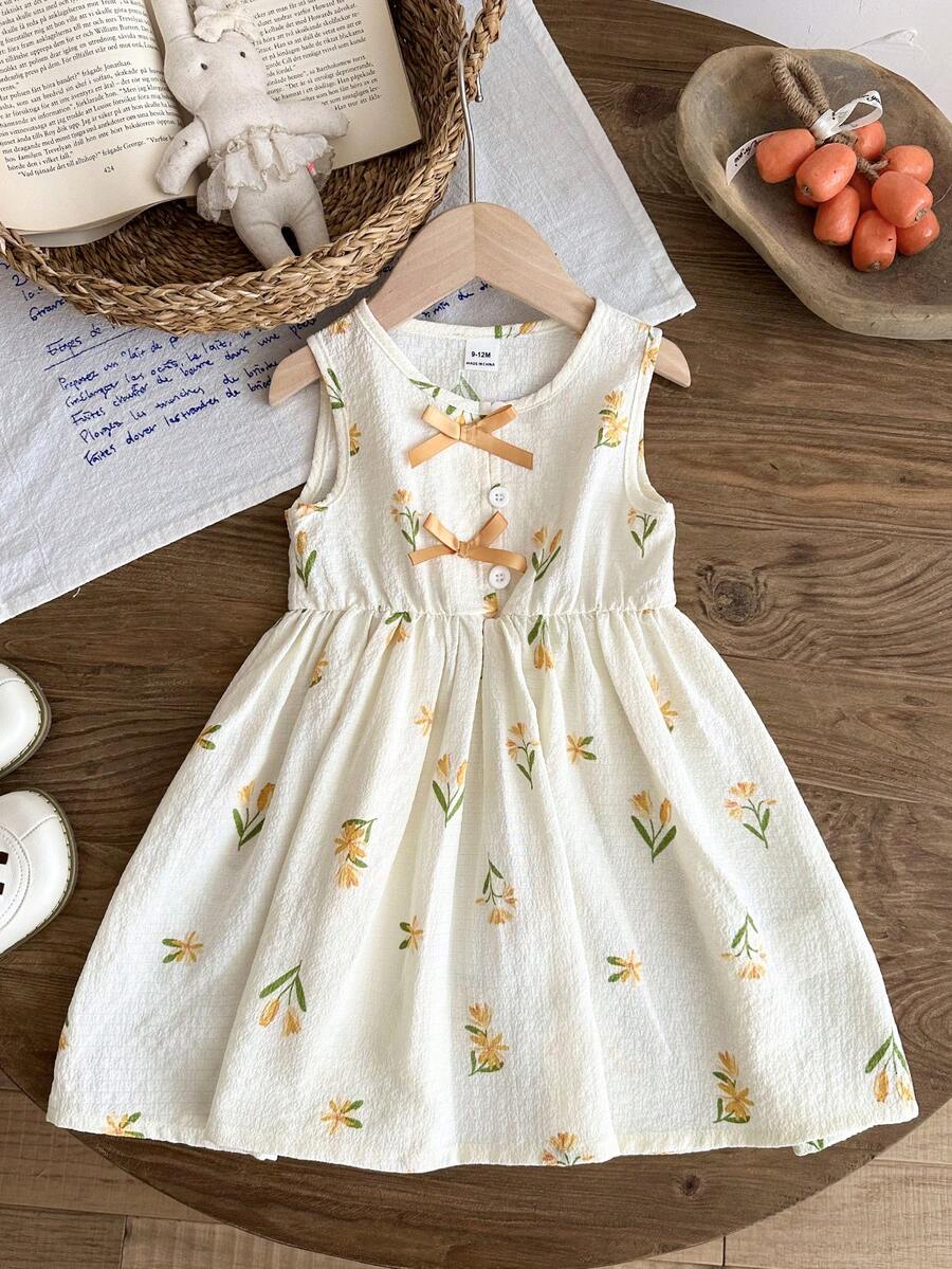 SHEIN 女婴休闲碎花连衣裙，饰有蝴蝶结，适合春夏季节、居家、户外、度假、日常穿着 - 彩色 - 查看 1