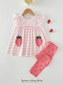 Cozy Pixies Young Girl Strawberry Pattern Knit Soft Round Neck Sleeveless Tank Top And Elastic Waist Printed Pants 2 Pieces Set - Pink - View 6