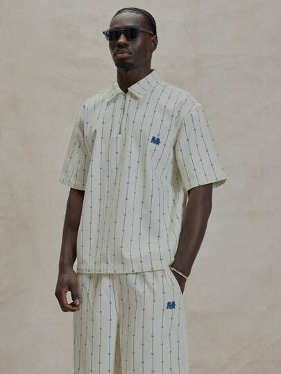 Musero Branded All Over Print Woven Quater Zip Collared Shirt Short Sleeve Boxy Top Spring Summer Essentials