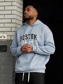 Heavens Edit Men's Boston Letter Print Casual Hoodie Sweatshirt, Back To School, Autumn/Winter, Long Sleeve Top - Baby Blue - View 6