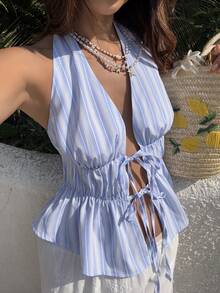 Sunnyshic 女士蓝色条纹吊带露背吊带衫，时尚百搭休闲装，适合外出、海滩、度假、春夏穿着。 - 淺藍色 - 查看 1