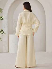 2件套女士简约通勤纯色纽扣衬衫和裤子套装，秋季 - 黃色 - 查看 7