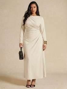 SHEIN BAE Đầm dài tay xếp ly thanh lịch dành cho nữ cỡ lớn, màu vàng, thích hợp cho mùa thu/đông. - Màu be - Xem 5