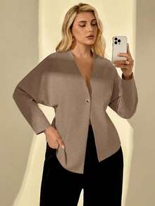 Auralis Plus Size Fashionable Commuter Solid Color Batwing Sleeve Asymmetric Hem Blouse - Apricot - View 1