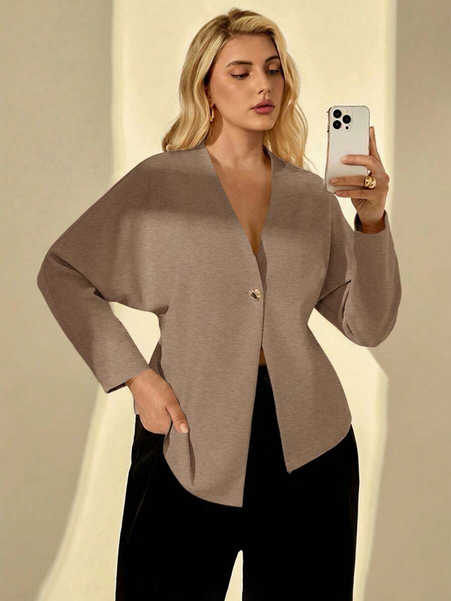 Auralis Plus Size Fashionable Commuter Solid Color Batwing Sleeve Asymmetric Hem Blouse - Apricot - View 1