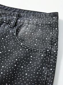 ROMWE MEN Street Life 男士水钻印花口袋休闲牛仔短裤 - 黑色 - 查看 3