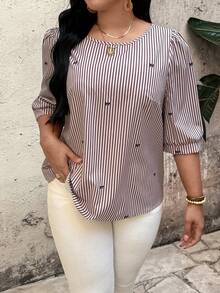 Linhara Blouse élégante de style français à manches mi-longues, avec nœud papillon et rayures, pour grande taille. Top décontracté et de bureau, idéal pour le printemps, l'été et l'automne. Nouveaux hauts élégants et décontractés pour femmes d'été avec blouse rayée - Tabac - Voir 7