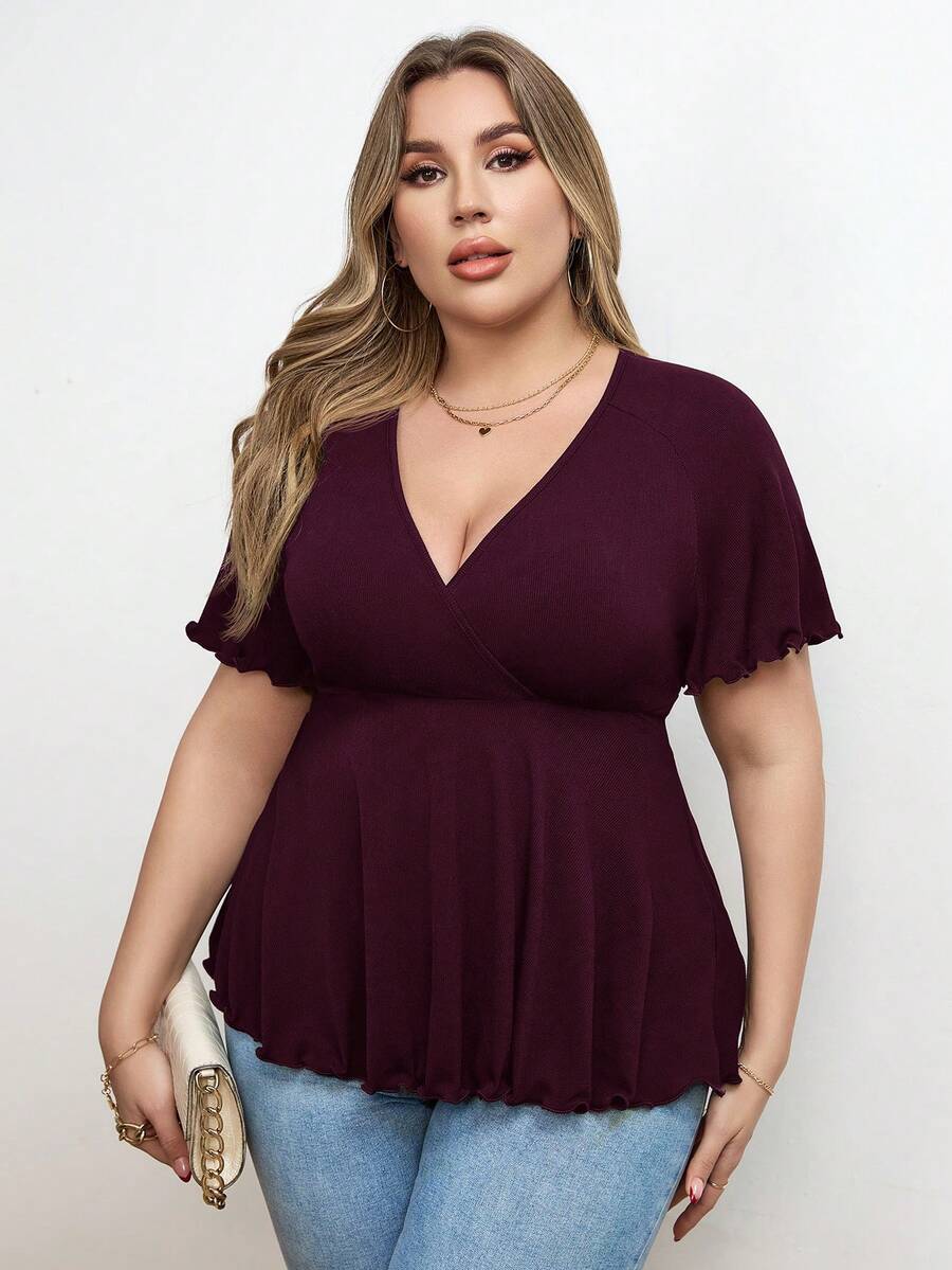 SHEIN Privé Plus Size Deep V-Neck Ribbed Knit A-Line Waist T-Shirt, Summer Tops Plus Size Tops - Rose Red - View 1