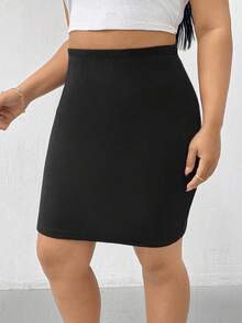 SHEIN Essnce 加大松紧腰纯色铅笔裙 - 黑色 - 查看 5