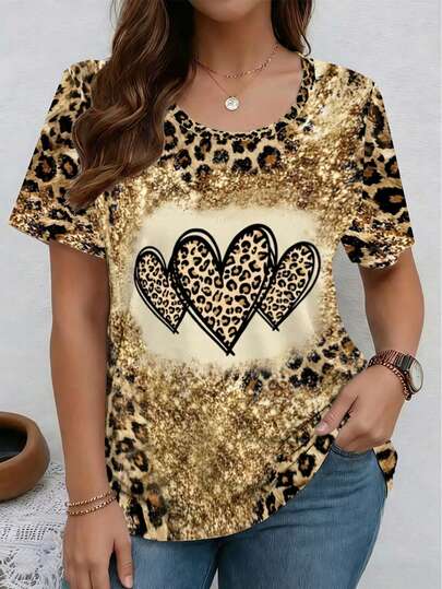 EMERY ROSE Plus Size Women's Casual Leopard Print Heart Graphic Short Sleeve T-Shirt, Versatile For Daily Wear