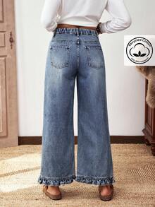 EMERY ROSE Plus Size Women Street Casual Comfortable Mid-Blue Non-Stretch Ruffle Hem Straight Leg Jeans - Medium Wash - View 6