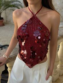 Aloruh Áo hở lưng gợi cảm đính sequin dành cho nữ, áo mùa hè đi biển, áo đi nghỉ mát, áo phong cách boho nhiệt đới, trang phục đi xem hòa nhạc, lễ hội âm nhạc, nhạc đồng quê, Ibiza, Nashville, trang phục miền Tây, phong cách boho đường phố, phong cách nhiệt đới, gyaru miền Tây, áo mùa hè dễ thương. - Màu Đỏ Sâu - Xem 7