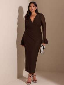 SHEIN BAE 大码优雅撞色网纱V领喇叭袖连衣裙，秋季 - 咖啡棕 - 查看 6