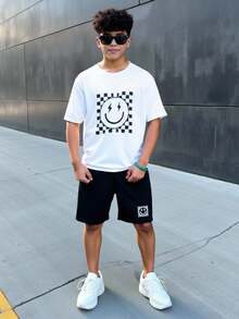 SHEIN 2件套男童休闲简约黑白人脸图案圆领短袖短裤套装，夏季适合春夏穿着，日常穿着，运动，外出，上学，聚会，节日，拍照 - 黑與白 - 查看 5