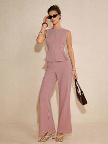 Poéselle Red Gingham Plaid Two Piece Set, Sleeveless Peplum Top And High Waist Flared Pants, Elegant Matching Suit Spring Summer Outfit For Women,Women's Summer Fashion Plaid Camisole & Pants 2 Pieces Set,French-Style 2 Pieces Set,2026 New Arrival - Multicolor - View 7