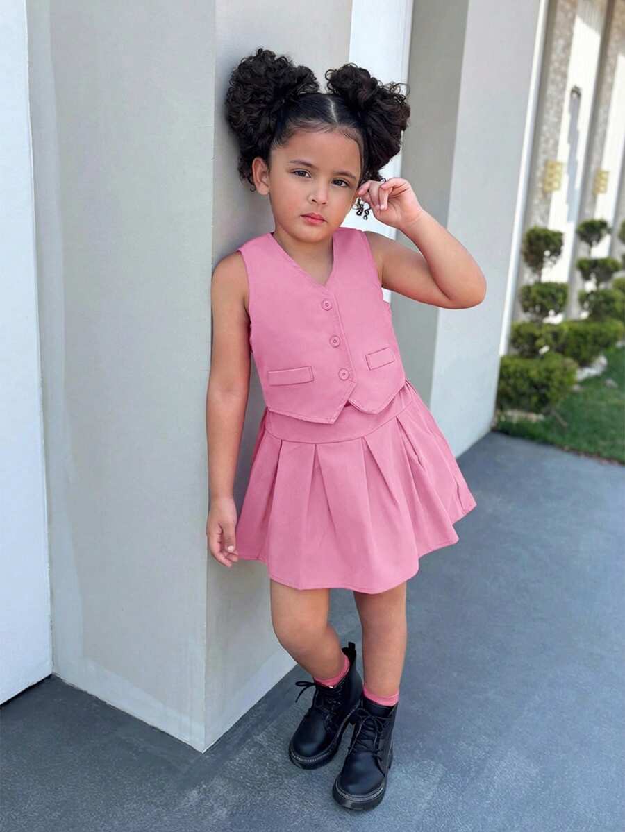 SHEIN 2pcs Young Girl Woven Solid Color Vest And Skirt Set - Coral Pink - View 1