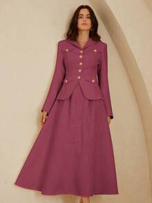 Aveloria Rosie 斜纹软呢面料优雅时尚修身女式外套，带纽扣口袋；斜纹软呢喇叭简约风女式半身裙，两件套 - 玫紅色 - 查看 6