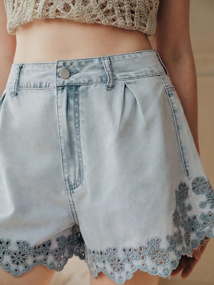 Women's Fashionable Sexy Hollow Floral Embroidered Romantic Valentine's Day Party Vacation Blue Casual Shorts Jeans, Spring/Summer Elegant Shorts Romwe Shorts Light Blue Shorts Western Shorts