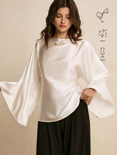 Poéselle Women's White Boat Neck Raglan Sleeve Elegant Flare Cuff Blouse,Satin Tie-Waist Blouse, White For New Year's Eve ,Party Top For Women ,Elegant Women's Blouses ,Casual Blouse For Women, Casual For Women, New Year ,Suitable For Daily Wear, Going Out, Commuting Fall/Winter,Elegant Blouses For Women,White Shirt