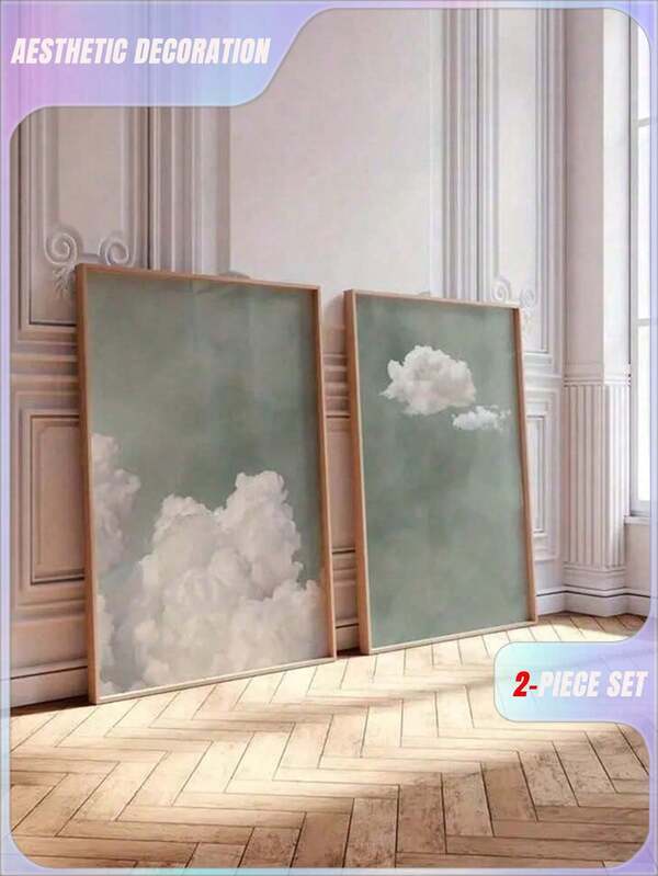 2 peças Pôsteres de Arte de Parede com Nuvem Verde Sálvia e Rabo de Rato - Impressões em Tela Abstrata Moderna do Céu para Sala de Estar, Quarto, Dormitório e Decoração Doméstica Estética - Presente Perfeito, Moldura Opcional