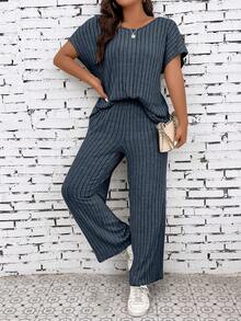 EMERY ROSE Women Royal Blue Rib-Knit Two-Piece Outfit Casual Batwing Short Sleeve Top And Long Pants Set - Royal Blue - View 7