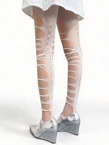 ROMWE Anime 1双辣妹组合个性化破洞条纹女士连裤袜 - 白色 - 查看 4