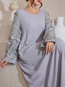 Al Najma 新款纯色花卉蕾丝女士睡袍，优雅土耳其风格睡袍 - 灰色 - 查看 7