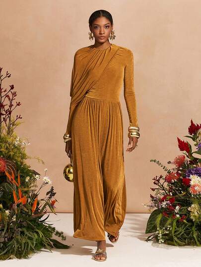 Zivah 2026 Nuevo Llegada Primavera/Verano para Mujer, Adecuado para el Día de San Valentín, Festival de Música, Pascua, Estilo Occidental, Bohemio, Nashville, Fiesta, Boda, Noche, Cita, Reunión, Blusa de Manga Larga Ajustada con Cuello Redondo y un Hombro, Bajo Fruncido en A-Line, Tela Brillante Dorada, Vestido Largo