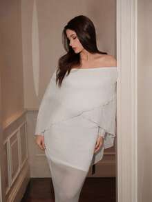 NOVVYNE Robe en tricot élégante ajustée avec volants à l'épaule pour femmes, couleur unie - Beige - Voir 4