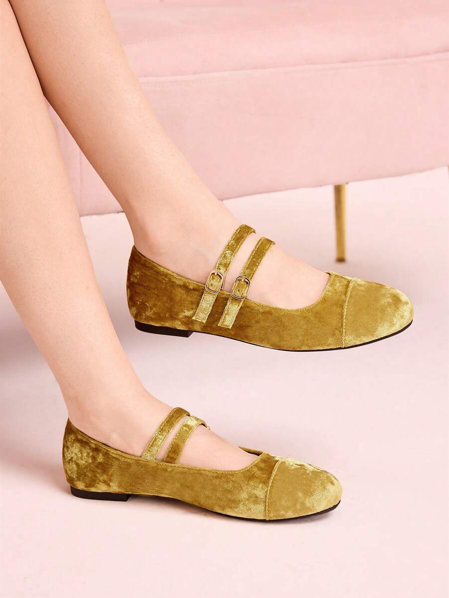 CUCCOO DOLLMOD Zapatos de ballet de ante amarillo con puntera redonda, estilo retro, para mujer, para primavera y otoño. Zapatos de baile de moda suave con suela plana y escote bajo para mujer. Zapatos de lunares Mary Jane para el Día de San Valentín - Amarillo - Ver 1
