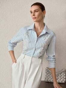 MOTF PREMIUM Hemd mit besticktem Mesh, Perlendetails und gestreiftem Muster - Blau - Übersicht 8