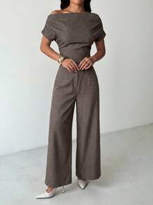 SHEIN PETITE 女士夏季新款简约优雅日常休闲亚麻通勤宽领露肩上衣搭配阔腿裤套装 - 咖啡棕 - 查看 4