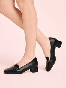 CUCCOO DOLLMOD 法国女鞋春秋季低帮方头中跟粗跟软皮金属扣乐福鞋 - 黑色 - 查看 5