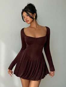 Aloruh Women's Romantic Date Night Stylish Sexy Casual Commute Sparkly Low-Cut Bubble Waist Mini Dress, Spring/Summer - Coffee - View 9