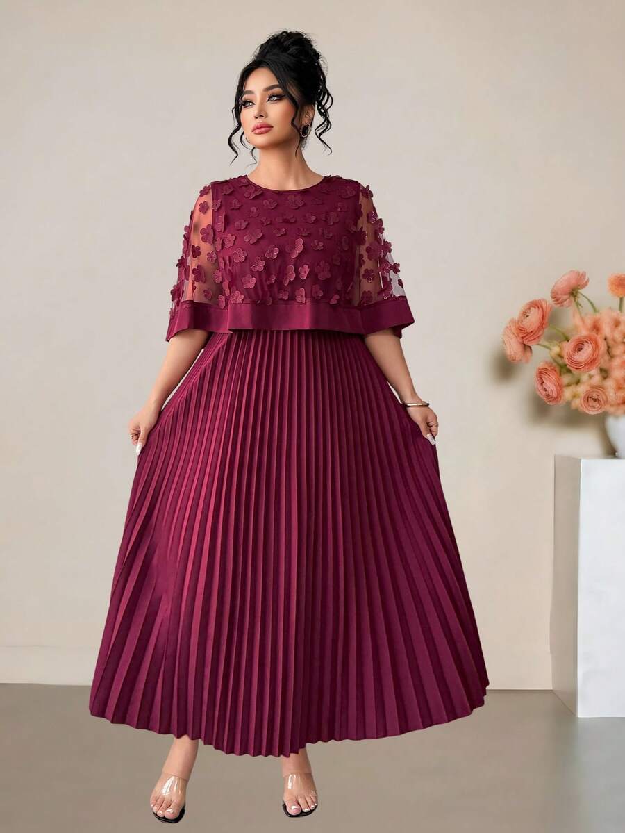 SHEIN PETITE CURVE 大码花卉装饰网纱拼接褶裥下摆连衣裙 - 酒紅色 - 查看 1