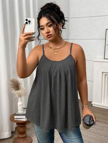 SHEIN LUNE 大码女式针织宽松轻薄褶皱性感灰色吊带背心，夏季 - 深灰色 - 查看 5