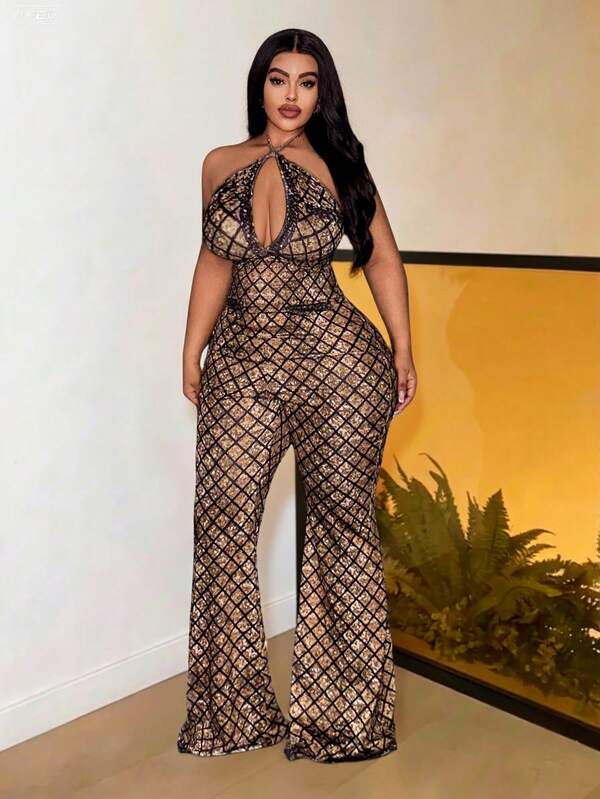 Slaydiva 2025 Primavera, Verano, Otoño, Invierno Nuevo Festival de Música, Pascua, Estilo Occidental, Nómada, Fiesta de Cumpleaños, Casual, Ocio, Viaje en Crucero, Playa, Tomar el Sol, Mono de Punto Elástico Sexy Sensación Viral para Fiesta, Estampado Animal (Leopardo, Tigre), Pantalones Acampanados Largos, Mono Talla Grande con Guantes